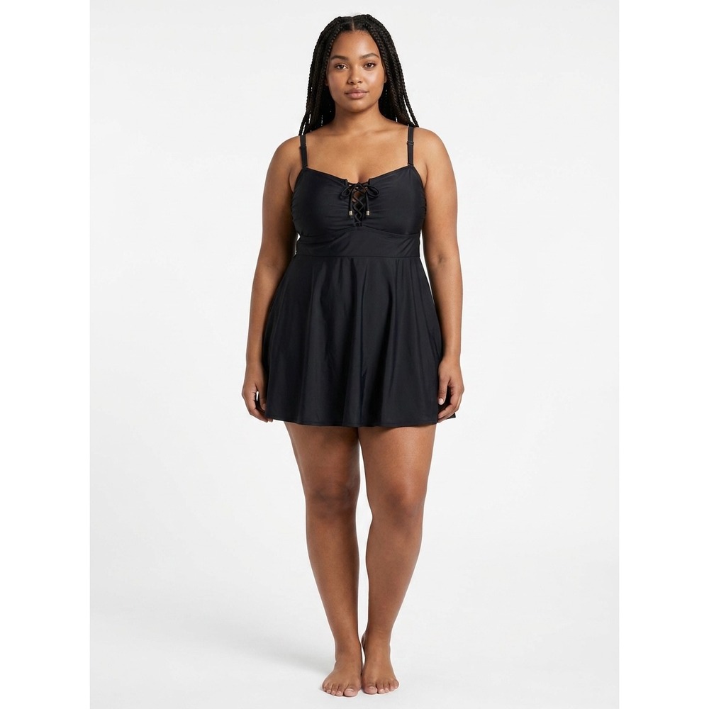 Torrid Black Lace Up Lattice Front One Piece Swimdress Swimsuit Adjustable Strap